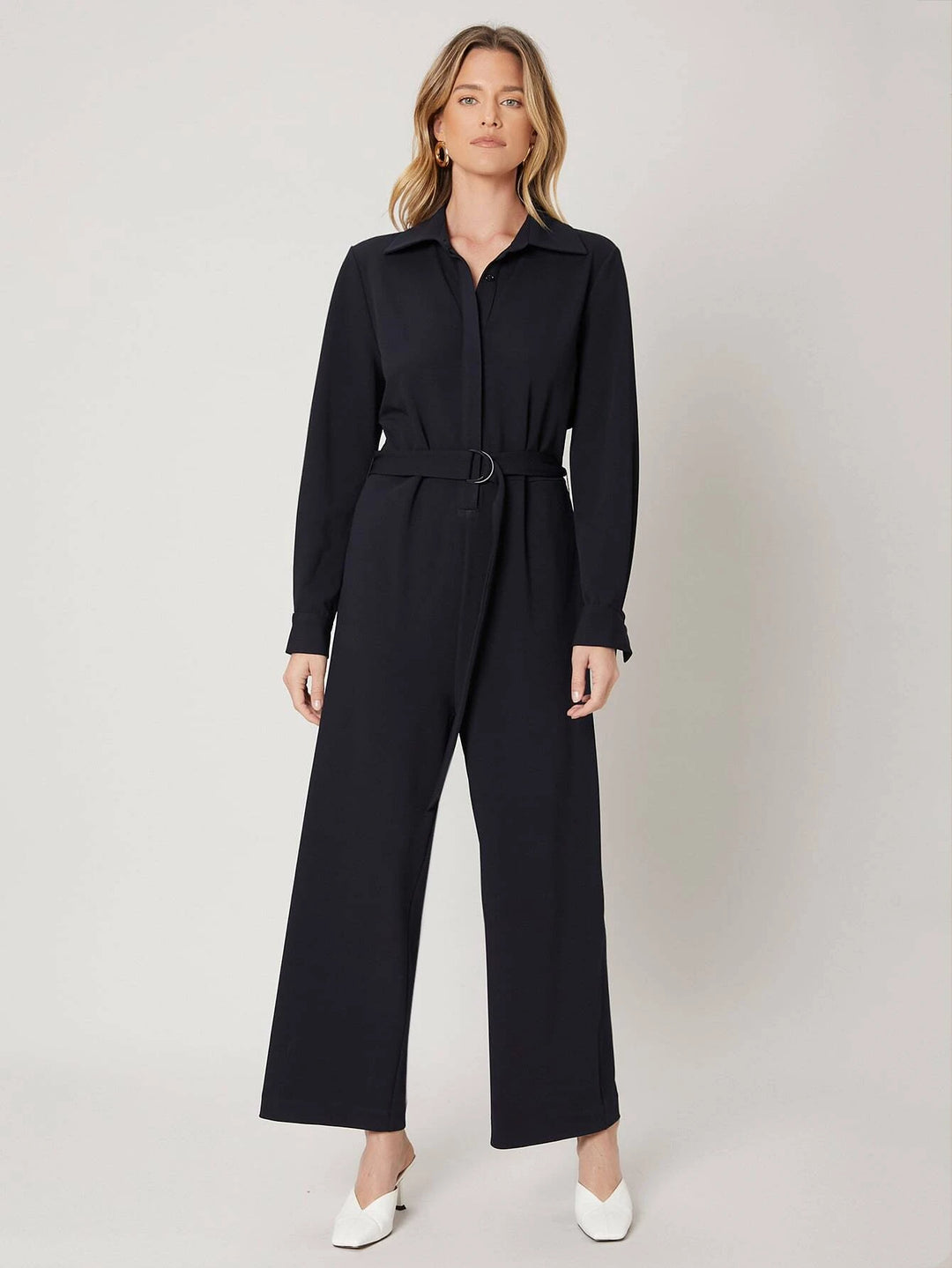 Long Sleeve Belted Shirt Jumpsuit