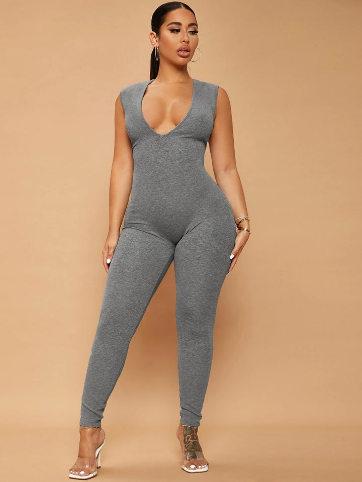 Deep V Neck Unitard Jumpsuit