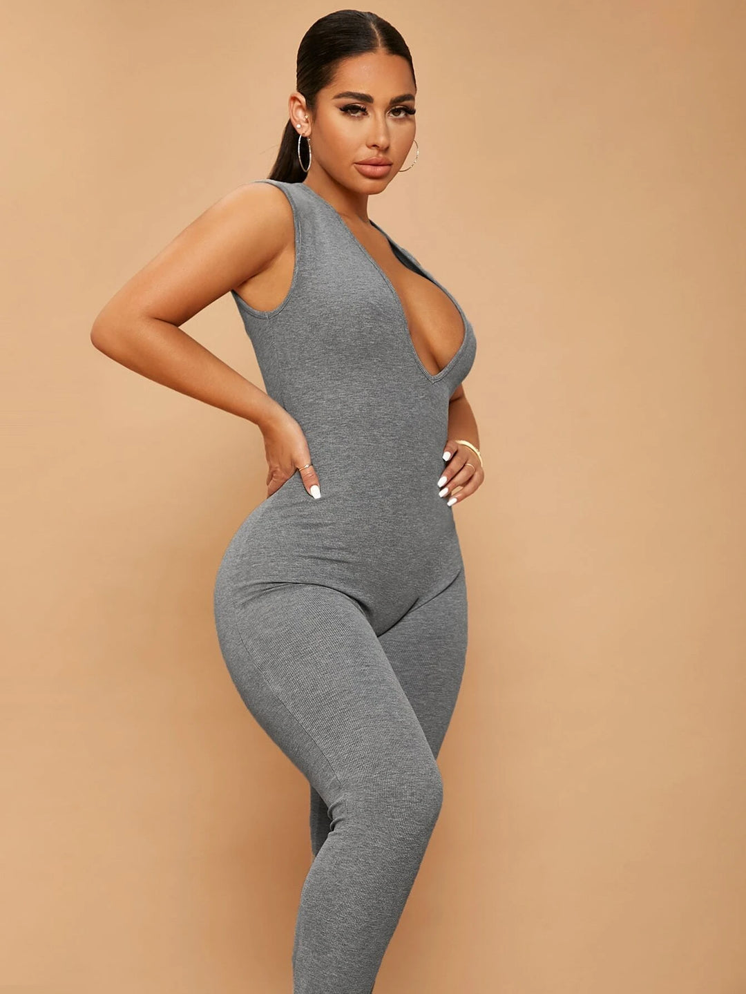 Deep V Neck Unitard Jumpsuit