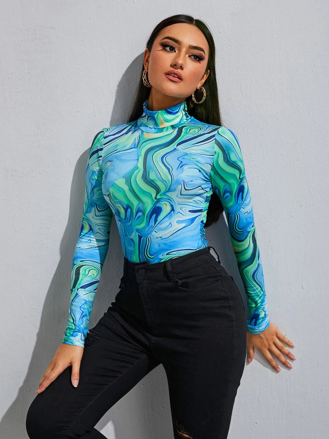 Print Turtleneck Slim Fit Bodysuit