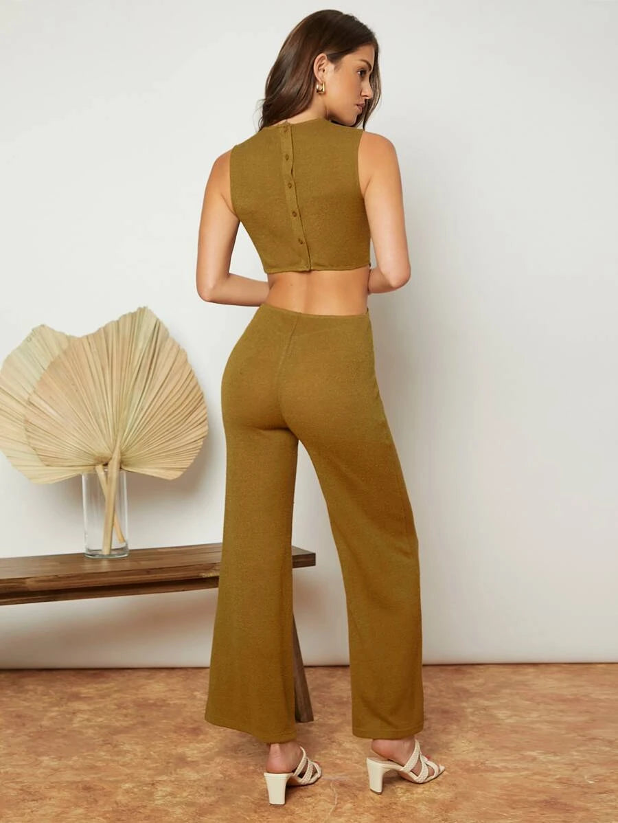 Waist Button Detail Flare Leg Jumpsuit