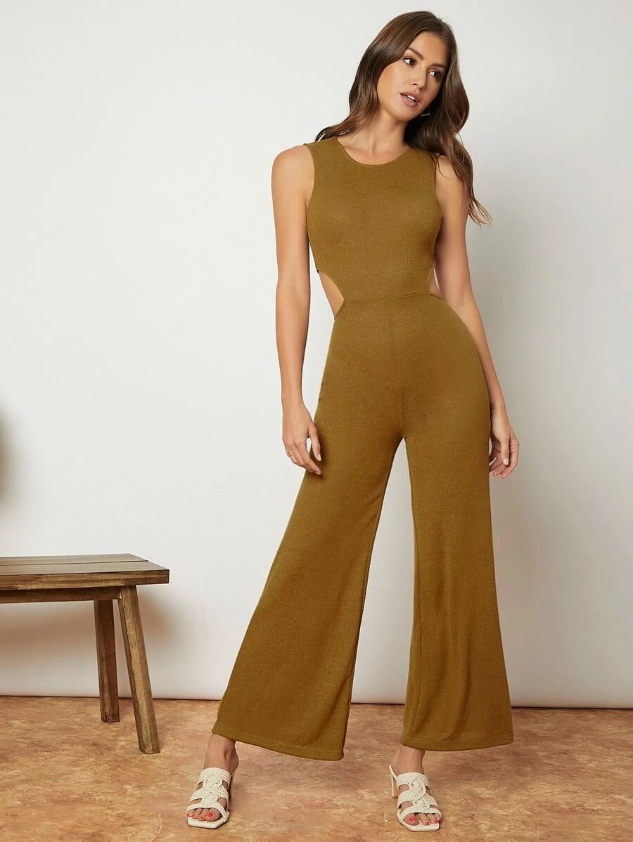 Waist Button Detail Flare Leg Jumpsuit