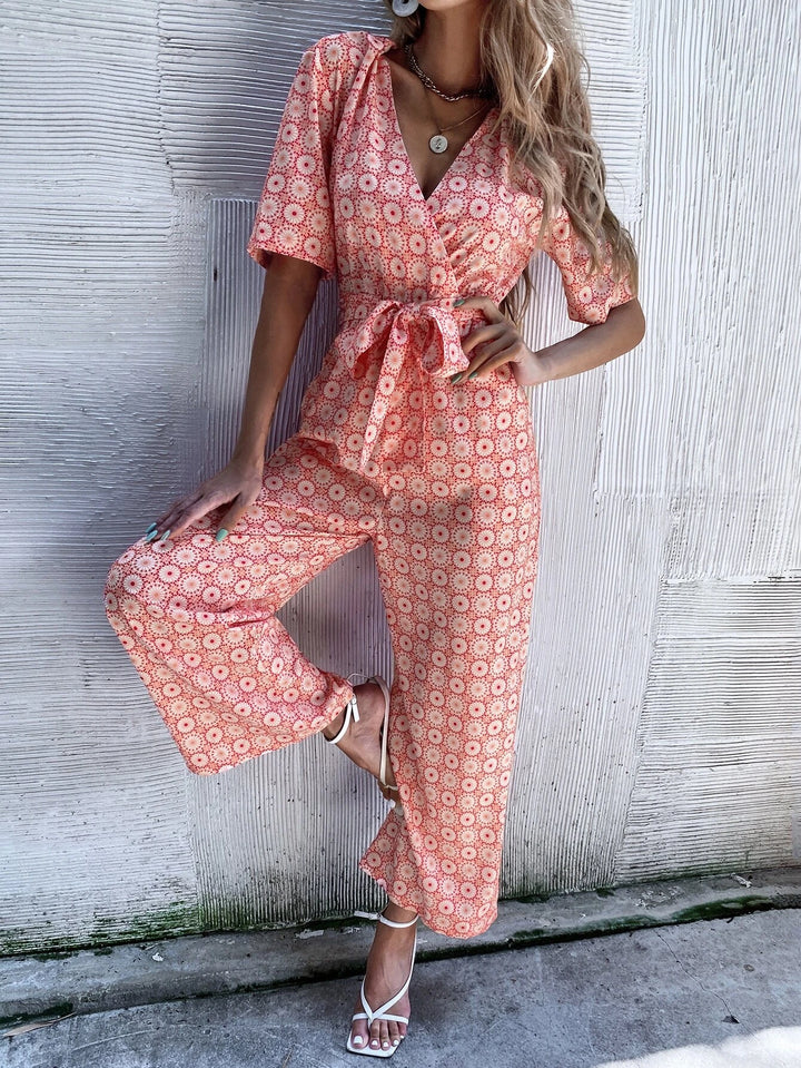 Floral Print Collar Belted Jumpsuit