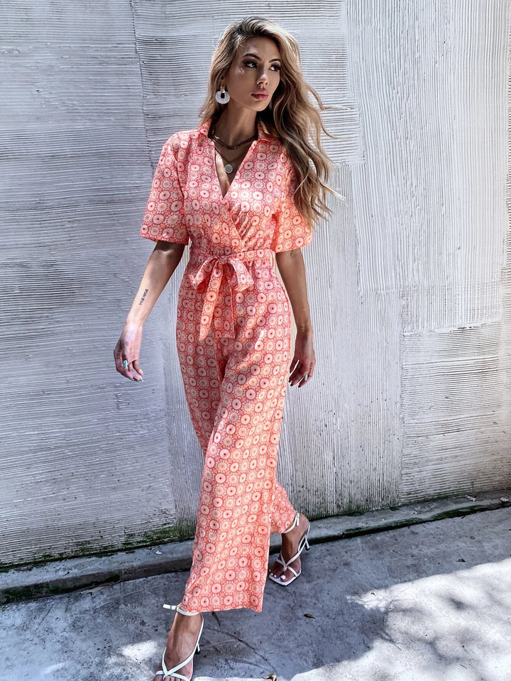 Floral Print Collar Belted Jumpsuit