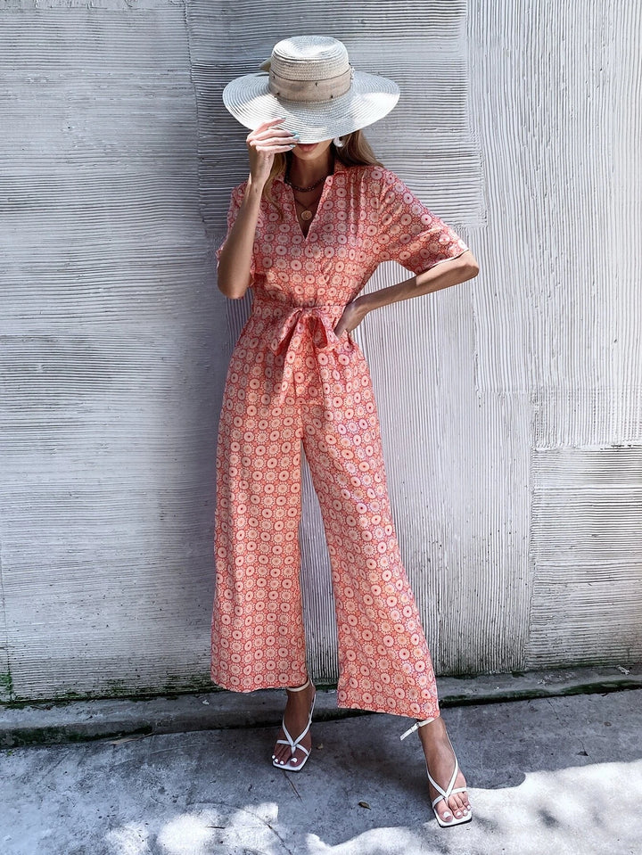 Floral Print Collar Belted Jumpsuit