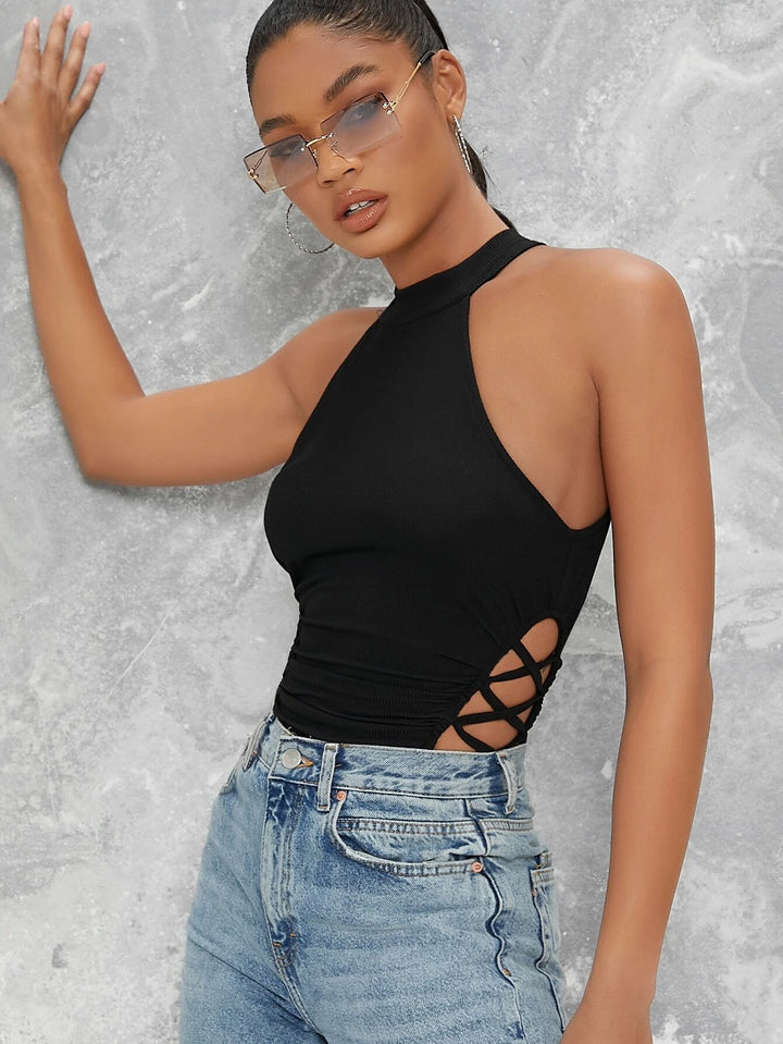 Lace-Up Halter High-Cut Bodysuit