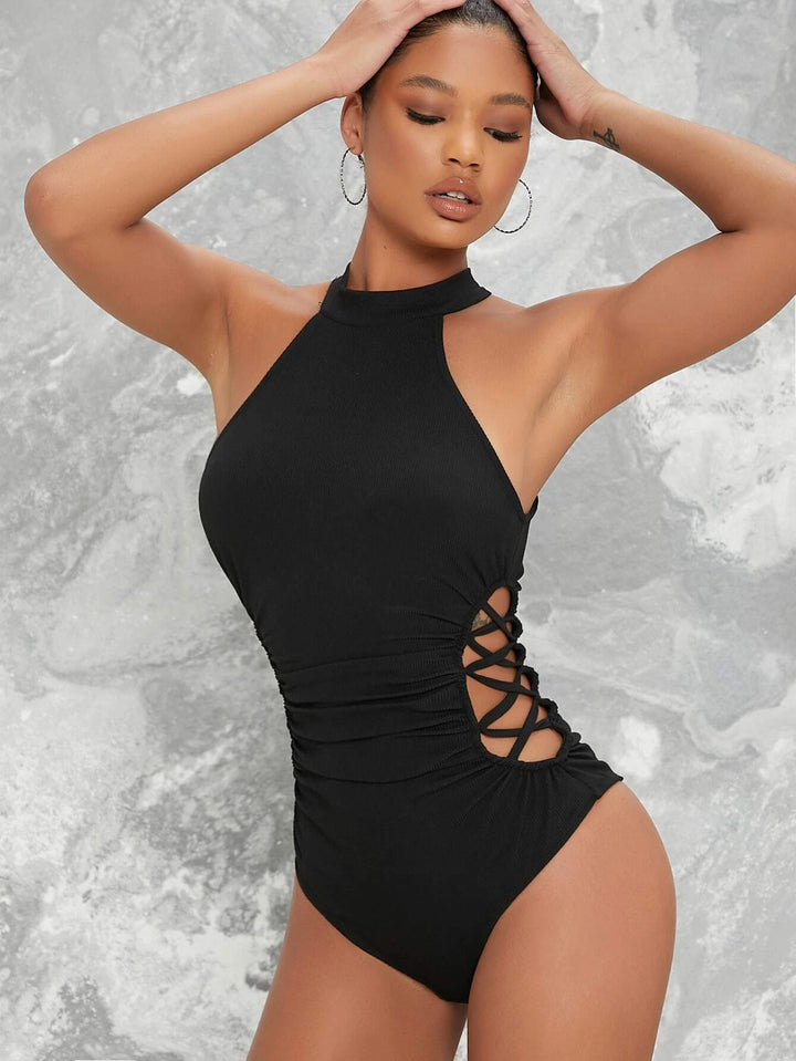 Lace-Up Halter High-Cut Bodysuit