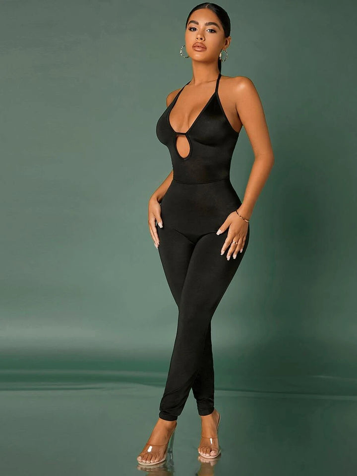 Backless Cut Out Plunging Neck Halter Jumpsuit