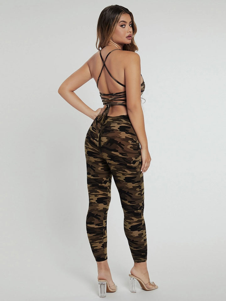 Camo Print Lace Up Backless Cami Jumpsuit