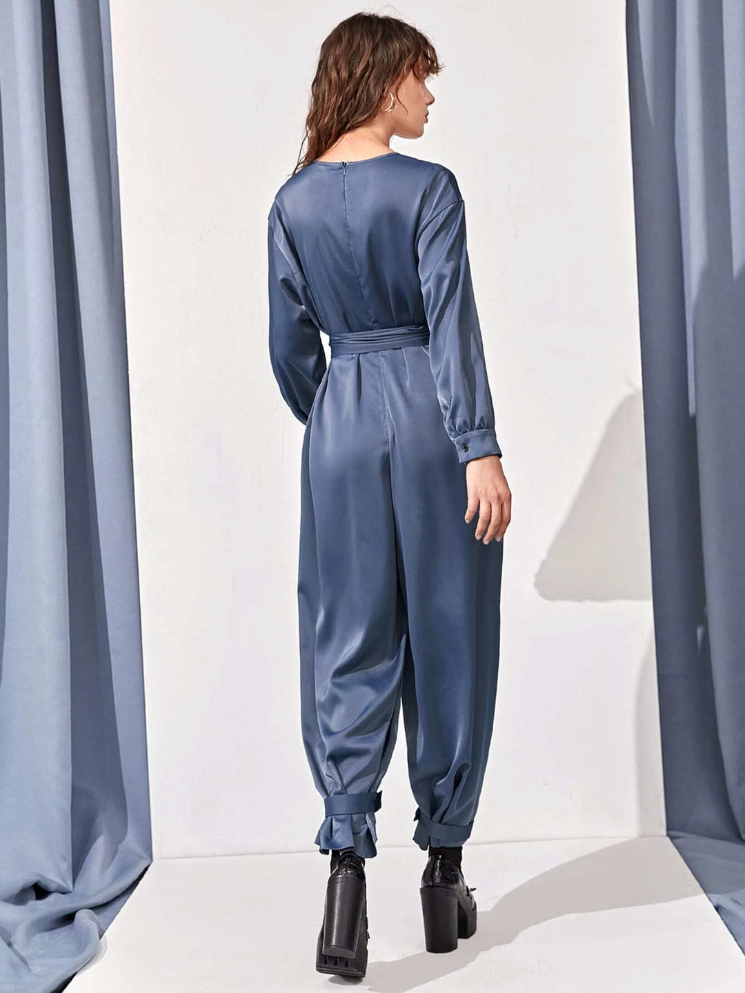 Hidden Pocket Knot Hem Belted Jumpsuit