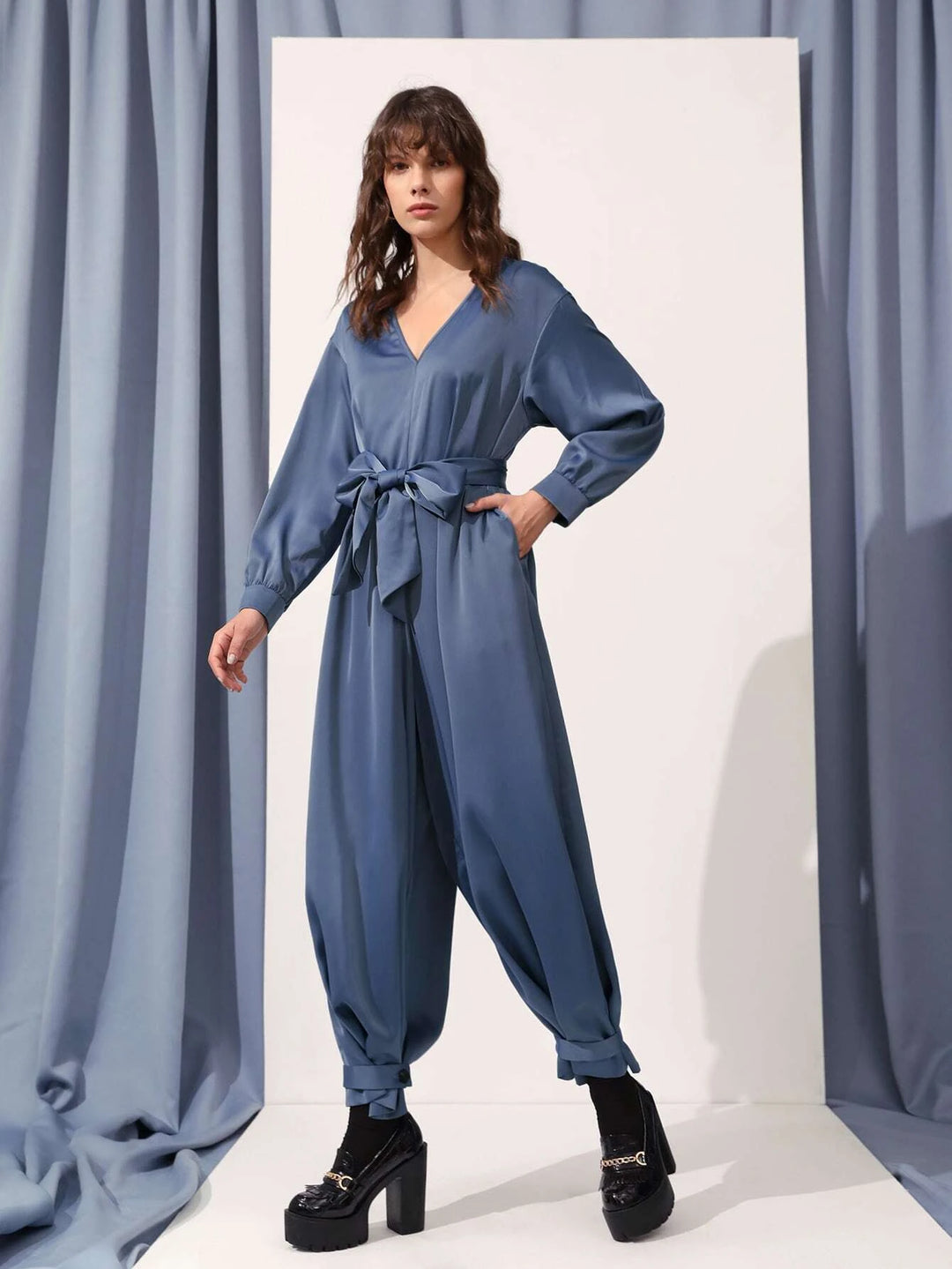 Hidden Pocket Knot Hem Belted Jumpsuit