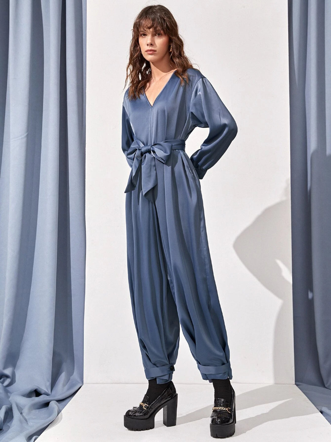 Hidden Pocket Knot Hem Belted Jumpsuit