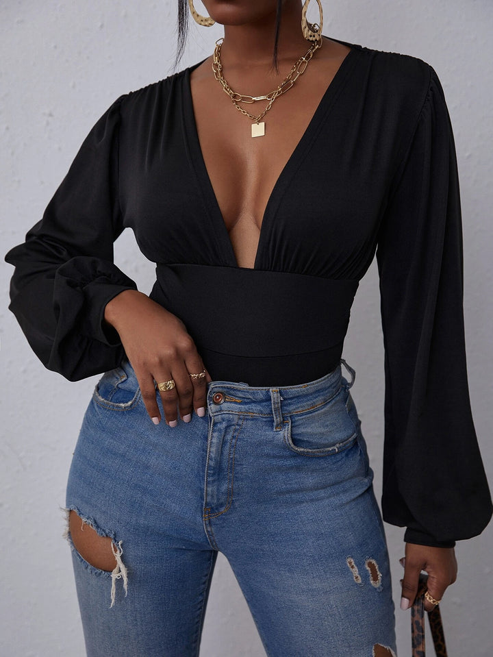 Deep V Neck Lantern Sleeve Bodysuit