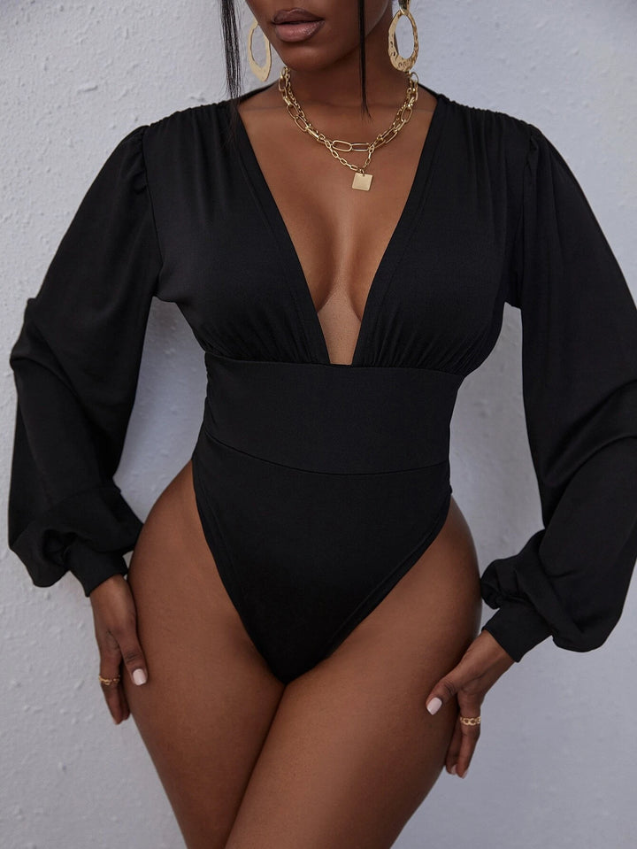 Deep V Neck Lantern Long Sleeve Bodysuit