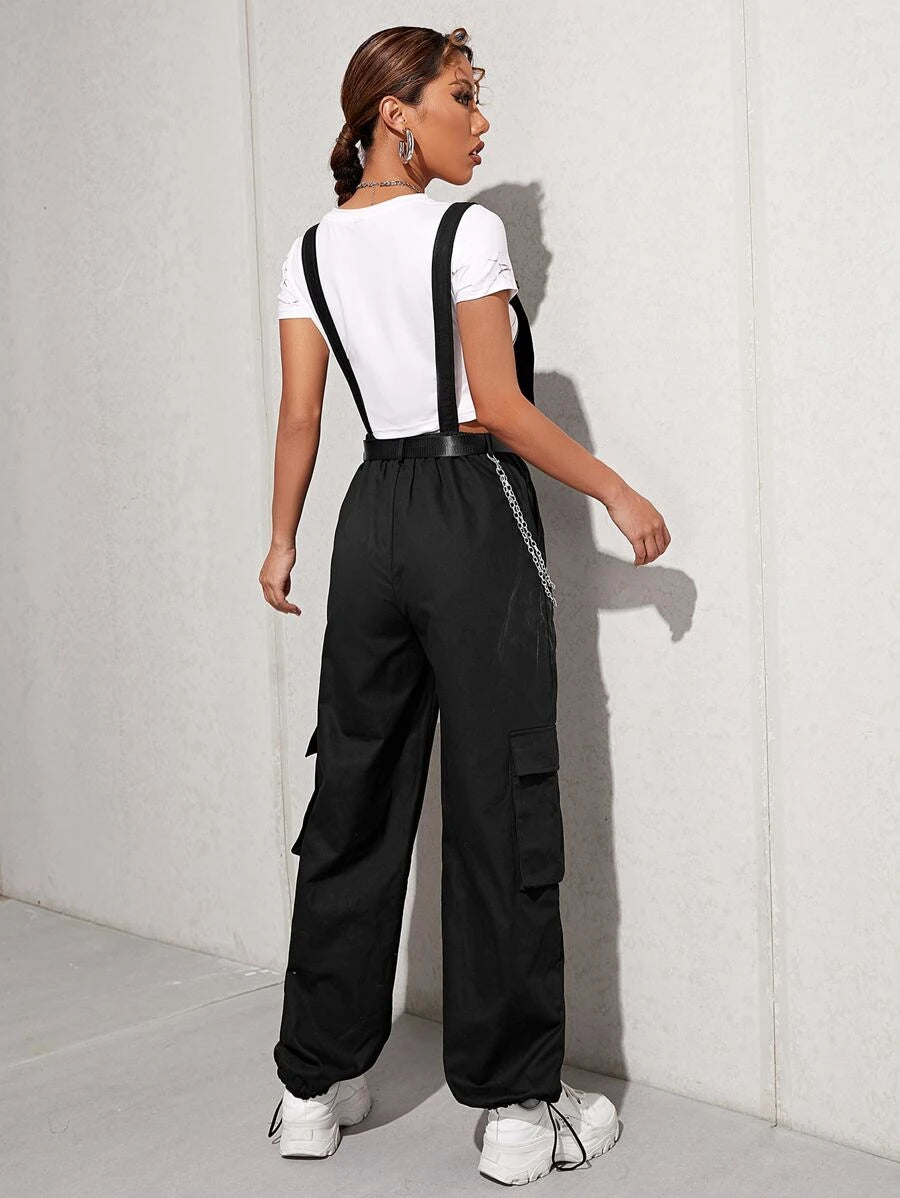 Chain Detail Flap Pocket Buckle Belted Overall Jumpsuit Without Tee