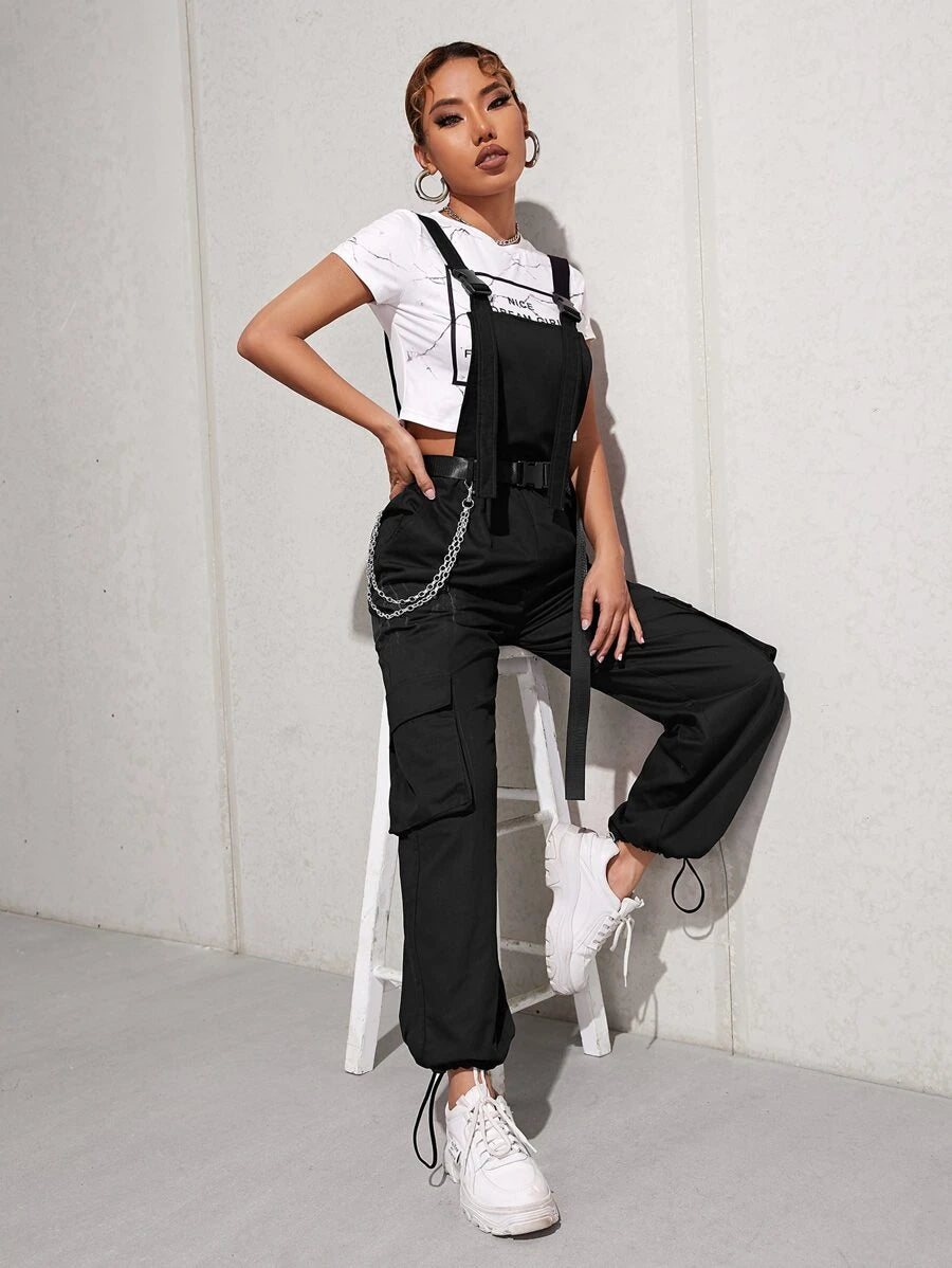 Chain Detail Flap Pocket Buckle Belted Overall Jumpsuit Without Tee