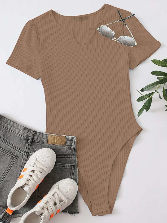 Notched Neck Rib-knit Bodysuit