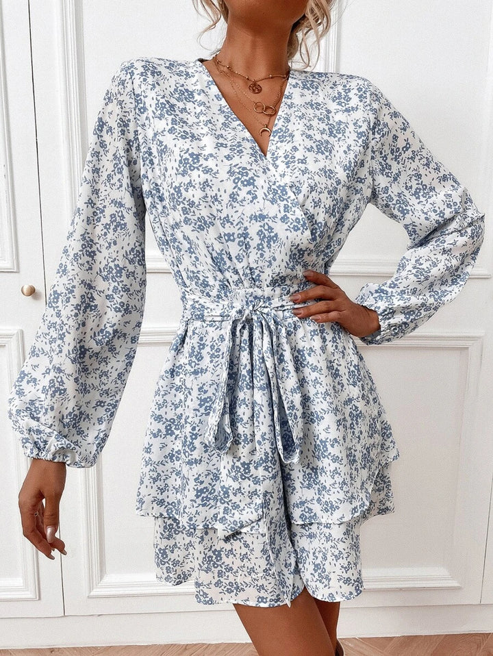 Ditsy Floral Wrap Bishop Sleeve Belted Jumpsuit