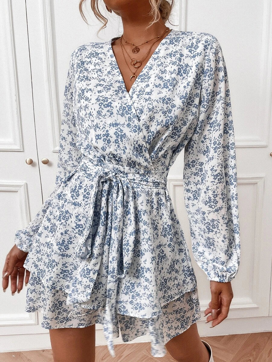 Ditsy Floral Wrap Bishop Sleeve Belted Jumpsuit