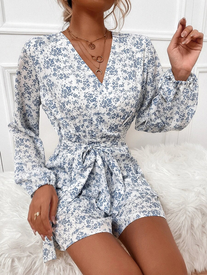 Ditsy Floral Wrap Bishop Sleeve Belted Jumpsuit