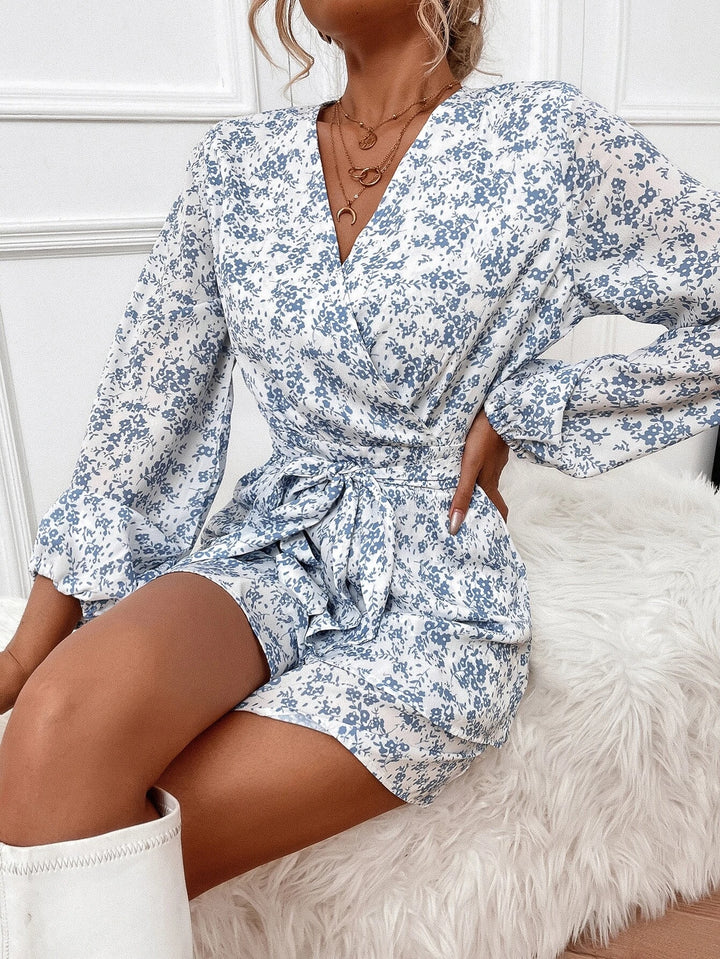 Ditsy Floral Wrap Bishop Sleeve Belted Jumpsuit