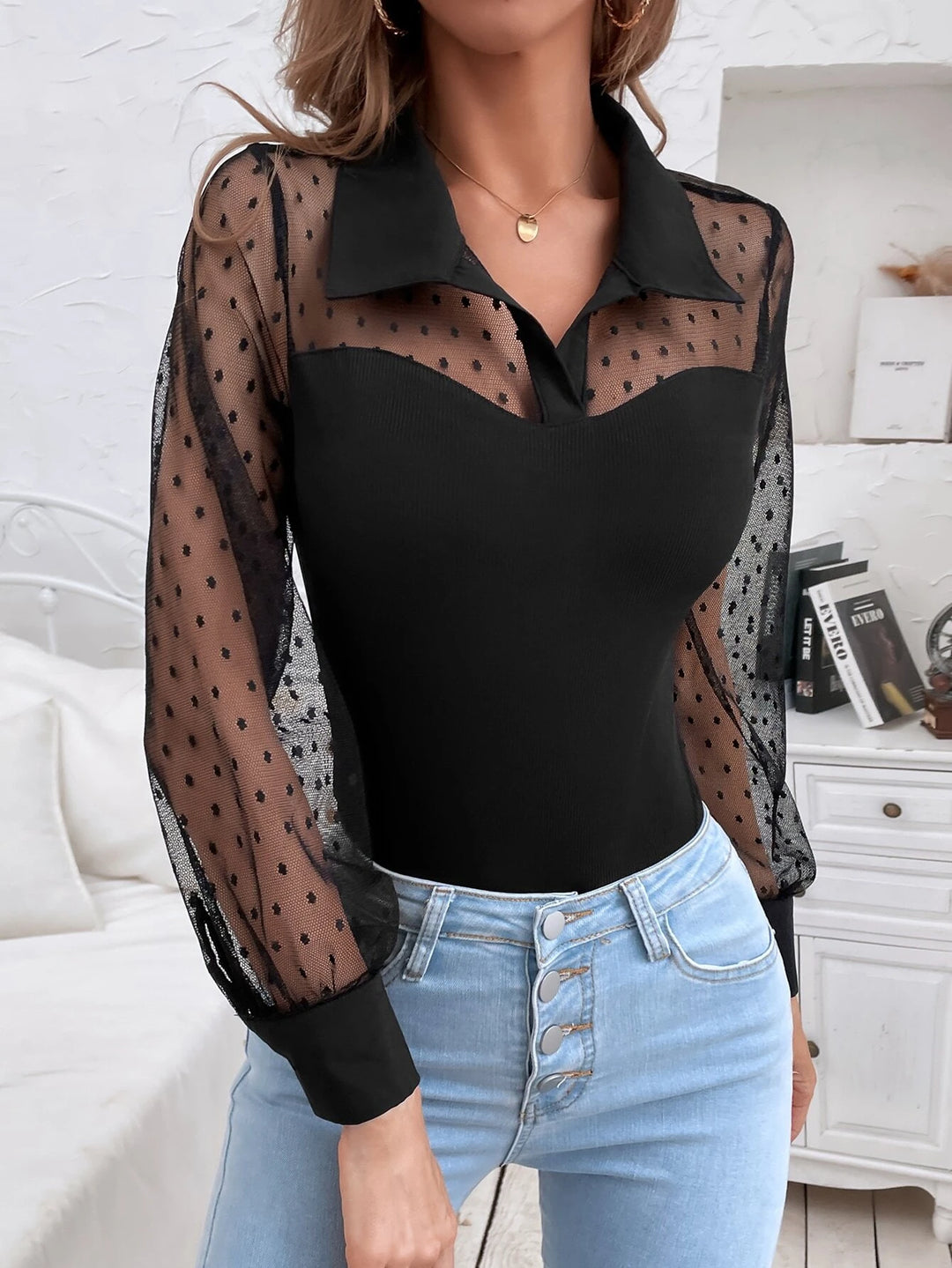 Contrast Mesh Button Bodysuit