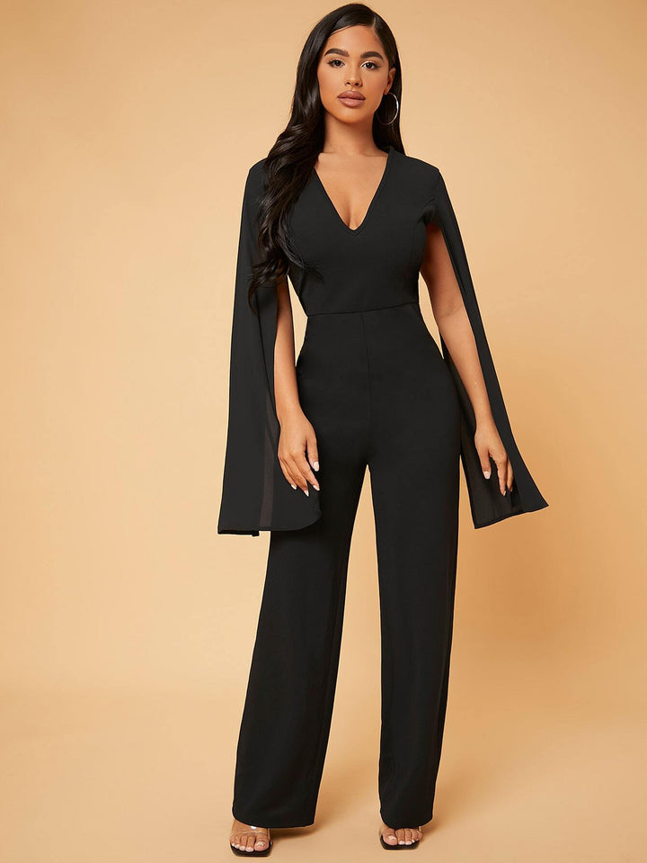 Deep V Neck Split Sleeve Jumpsuit