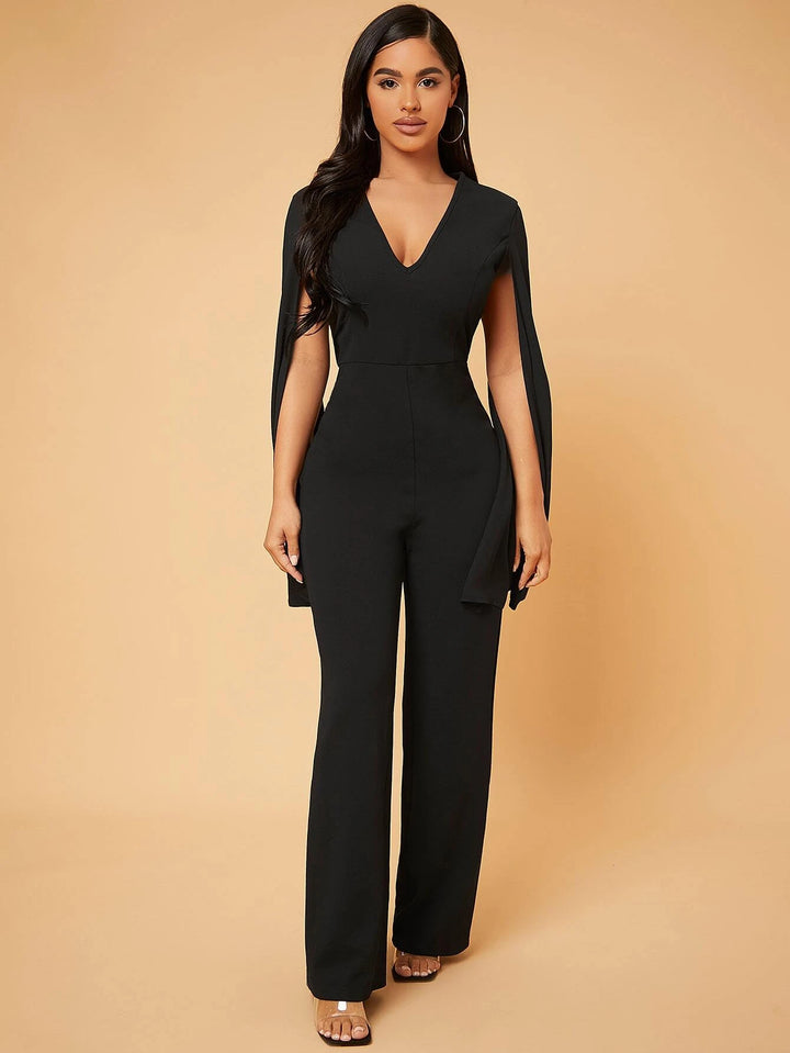 Deep V Neck Split Sleeve Jumpsuit