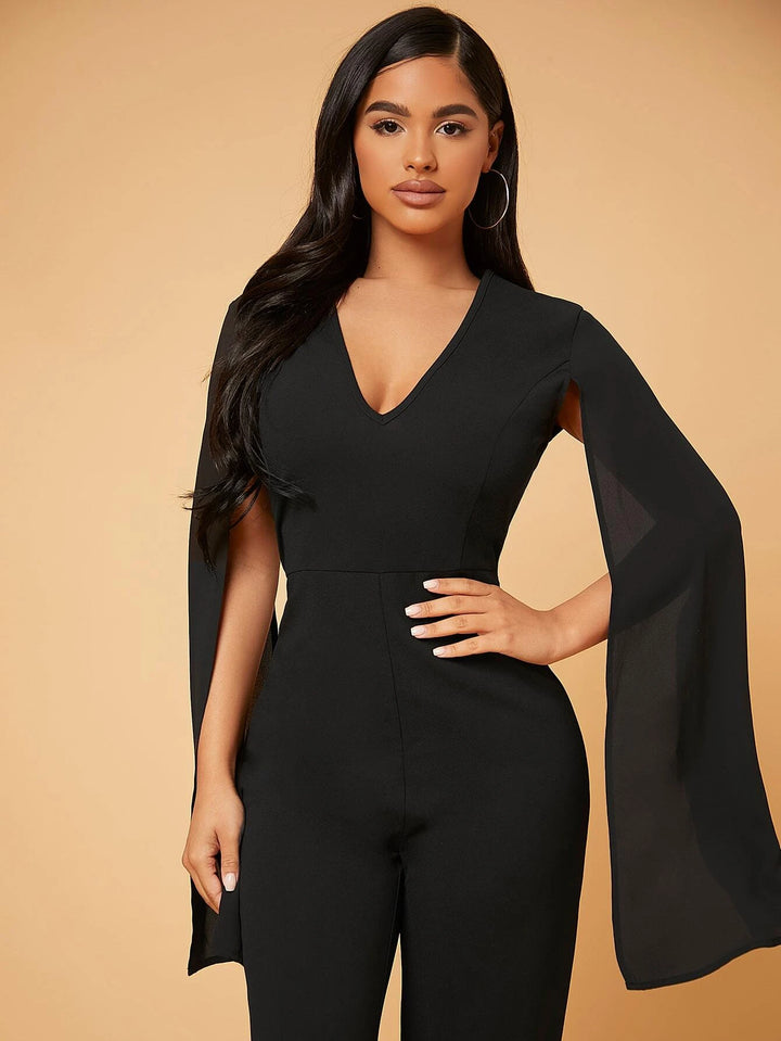 Deep V Neck Split Sleeve Jumpsuit