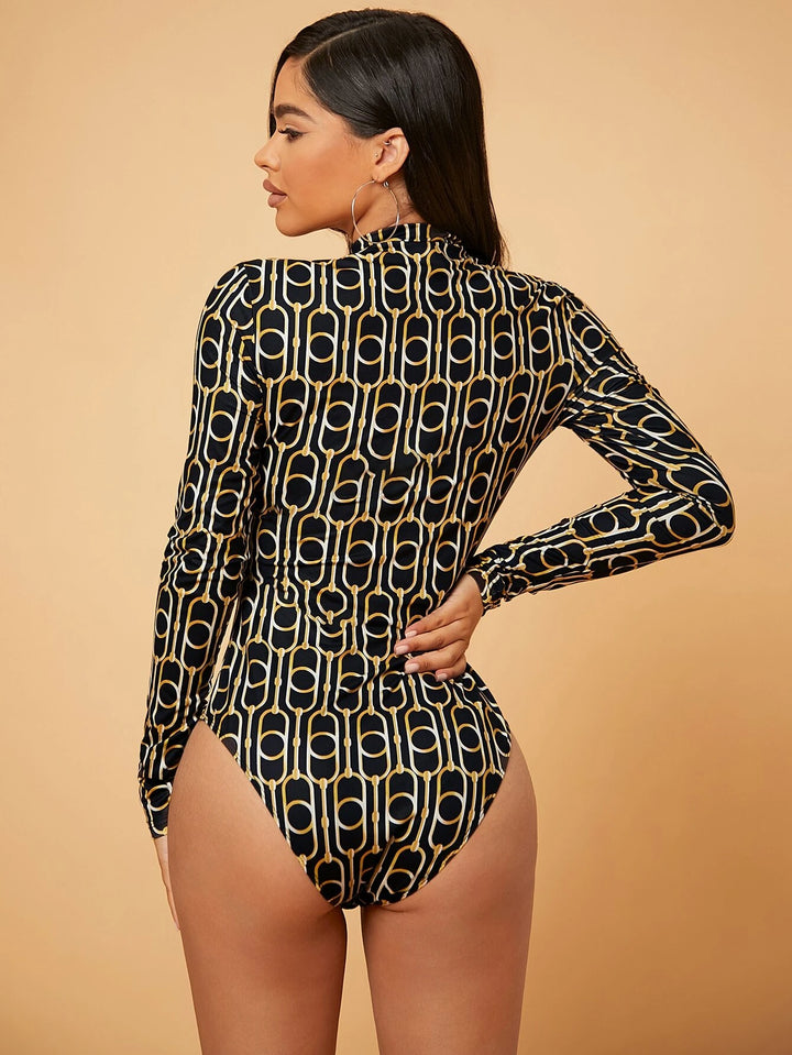 Chain Print Zip Front Bodysuit