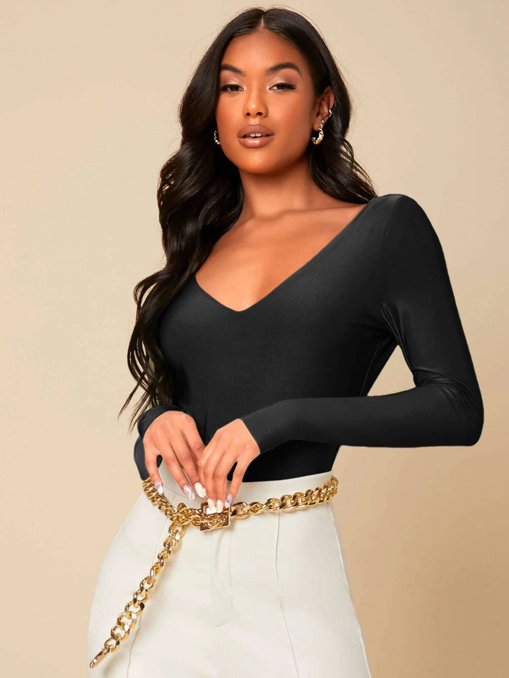 Solid Deep V Neck Bodysuit