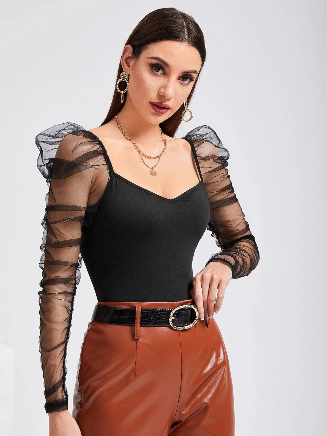 V Neck Mesh Panel Gigot Sleeve Bodysuit