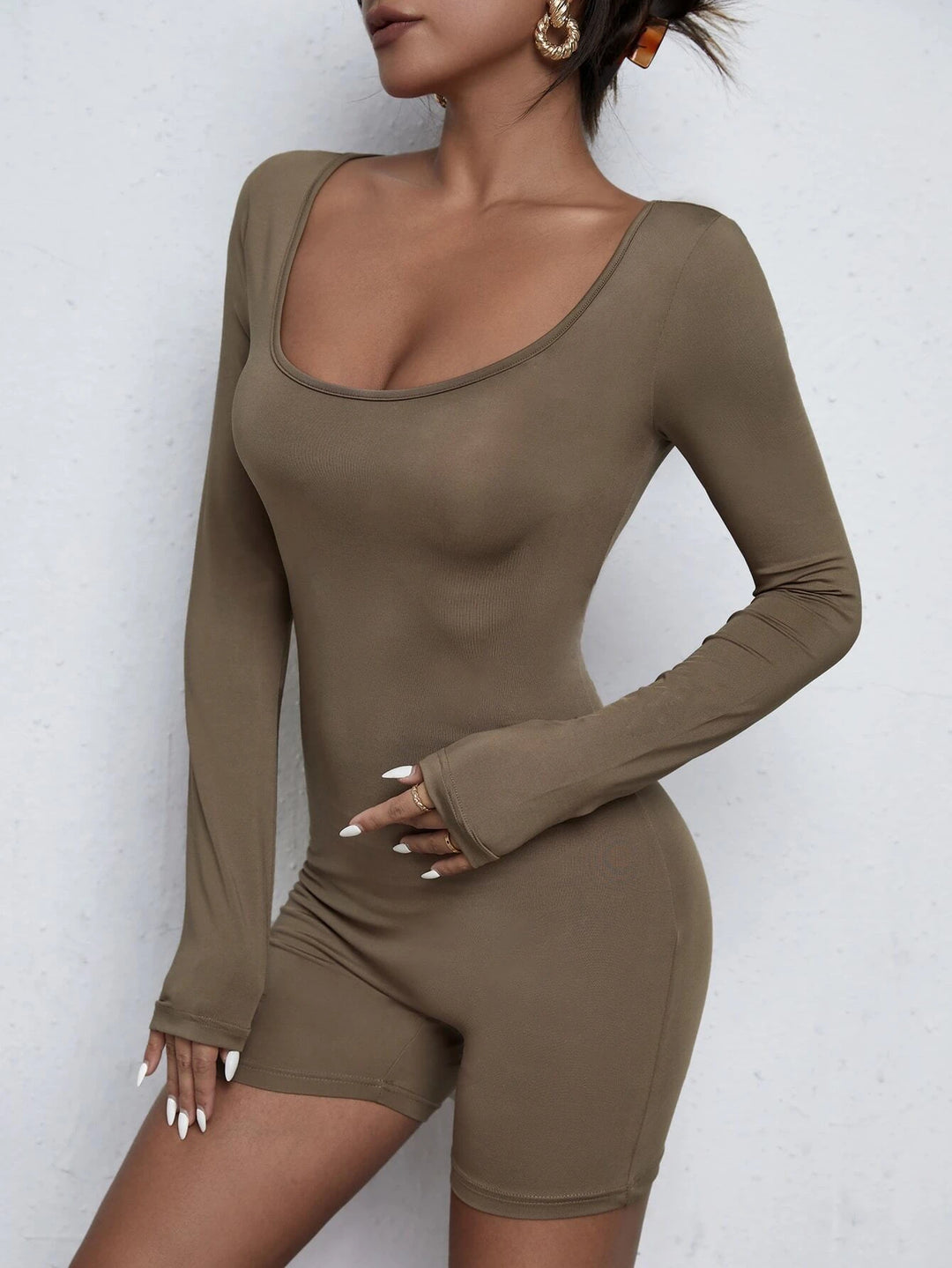 Solid Colored Scoop Neck Unitard Romper