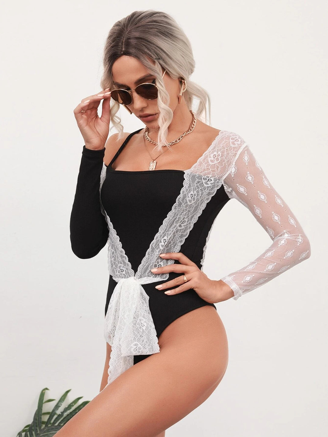 Contrast Lace Asymmetrical Neck Tie Front Bodysuit