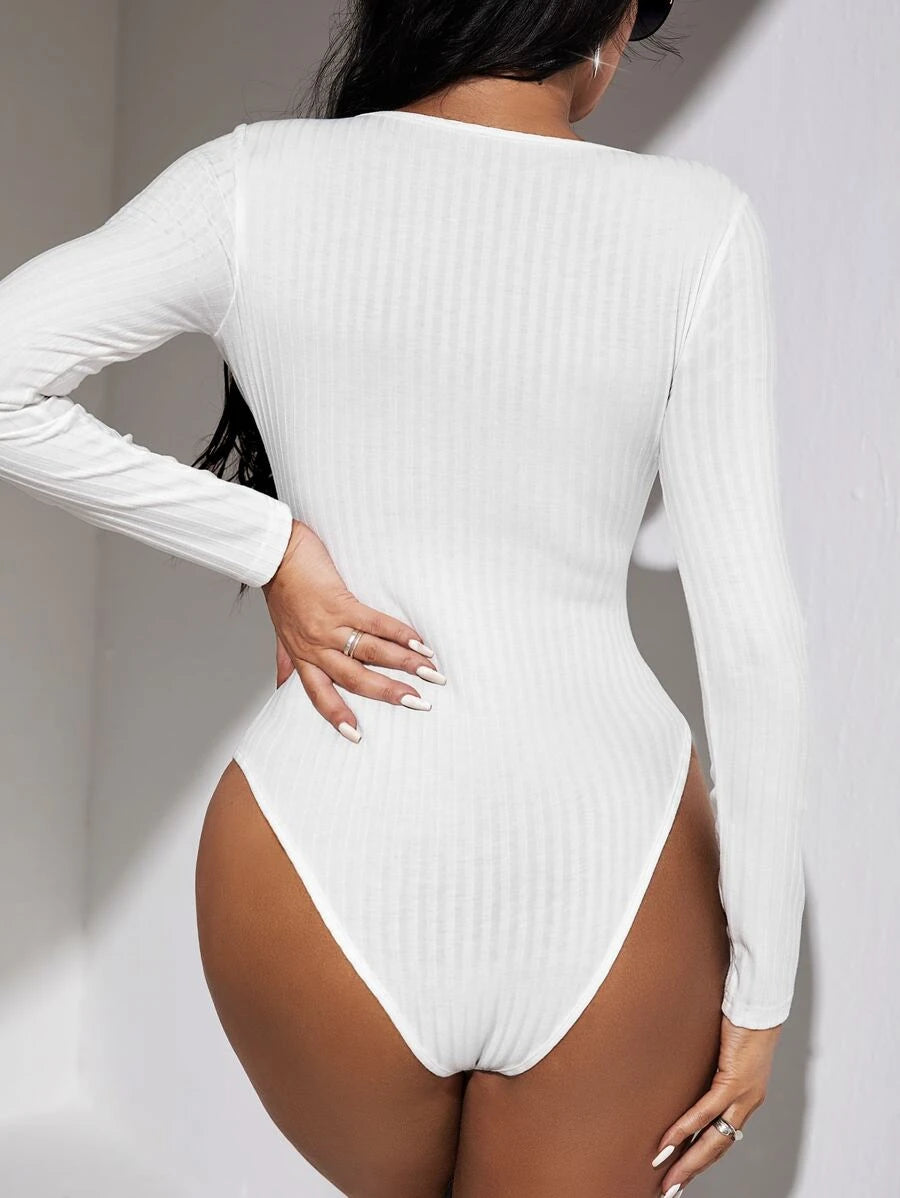 Ribbed Knit Quarter O Ring Zipper Bodysuit