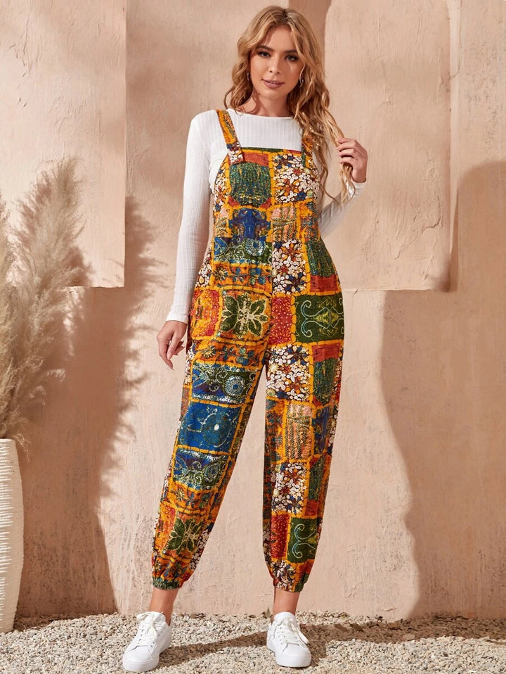 Patchwork Print Overall Jumpsuit