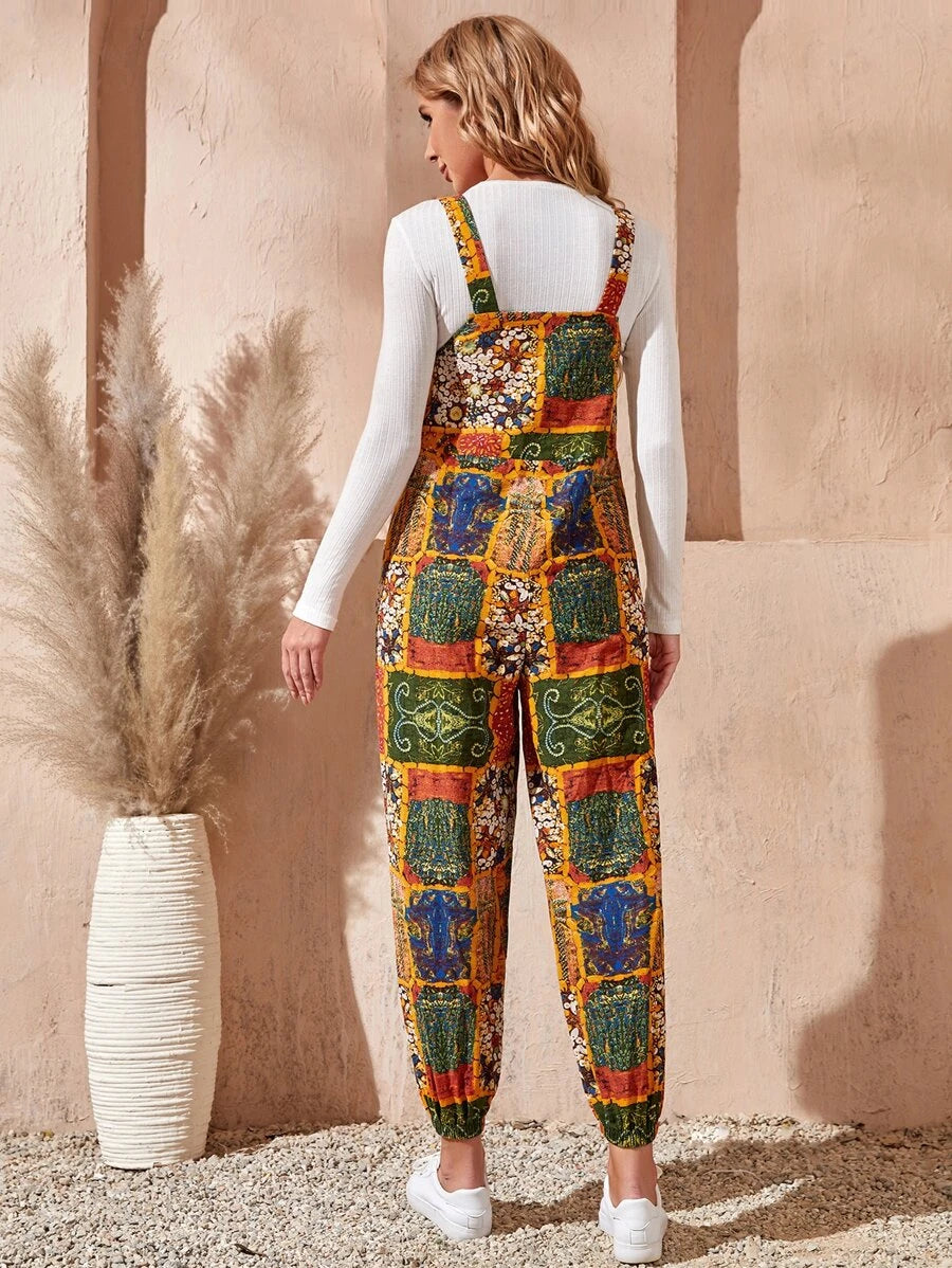 Patchwork Print Overall Jumpsuit