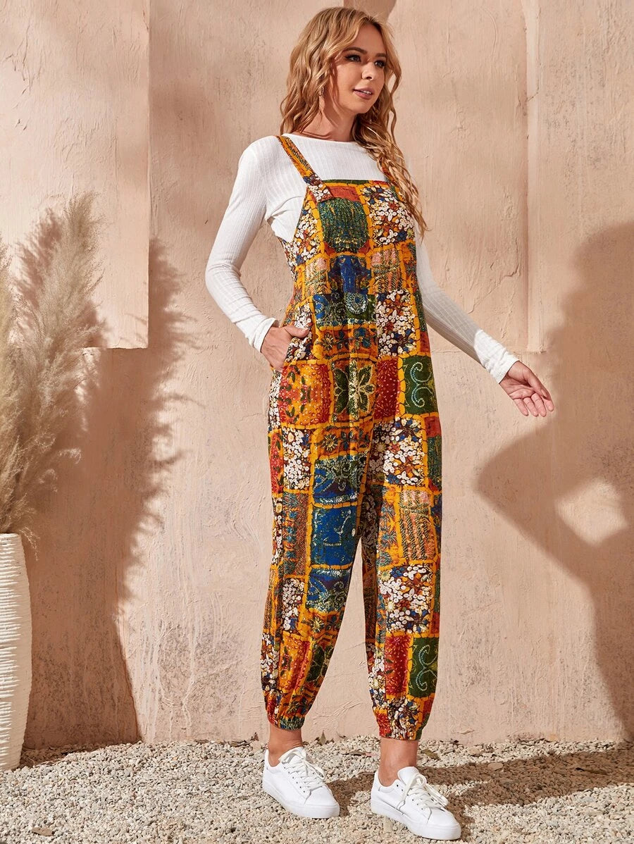 Patchwork Print Overall Jumpsuit