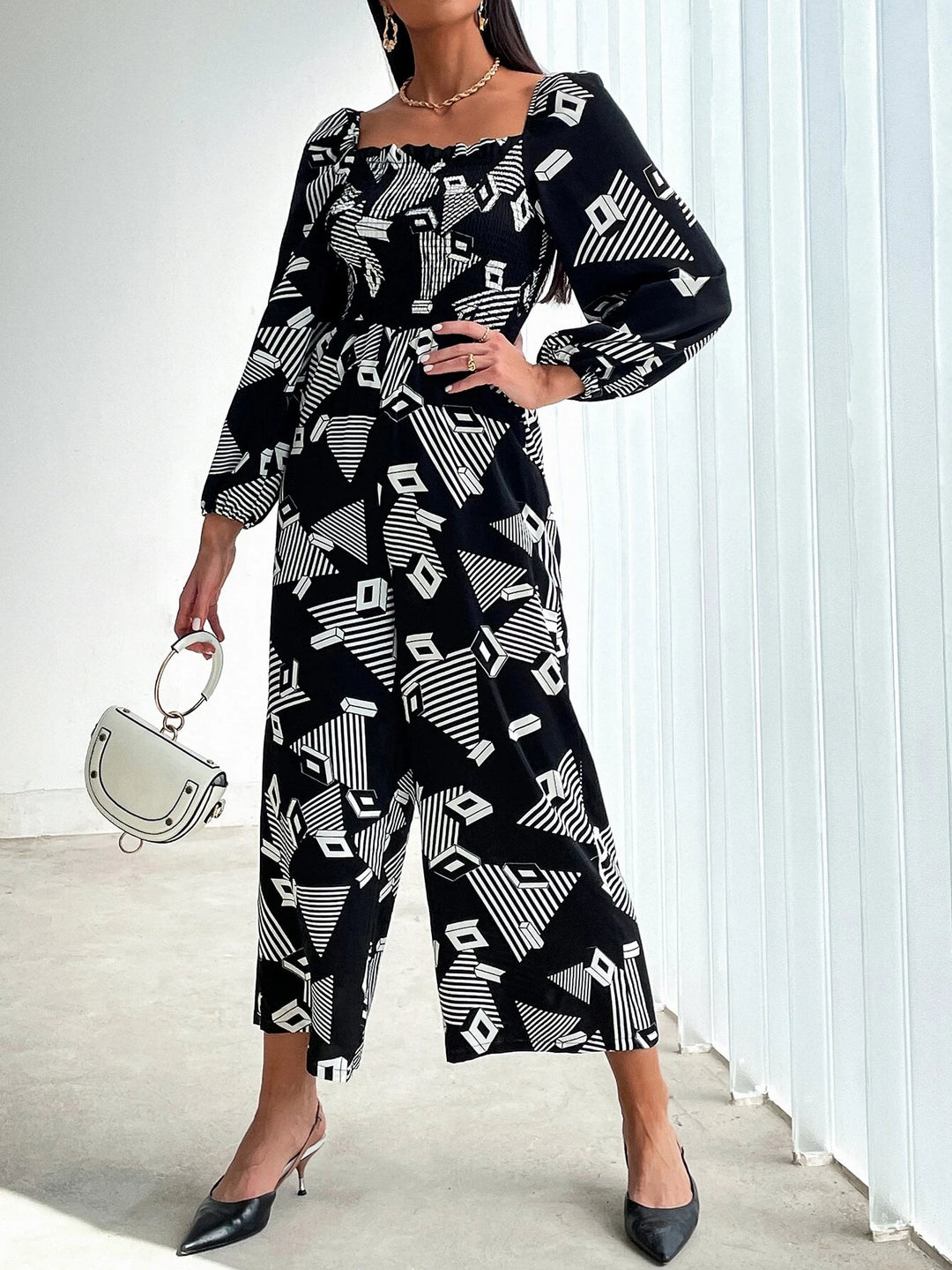 Geo Print Lantern Sleeve Jumpsuit