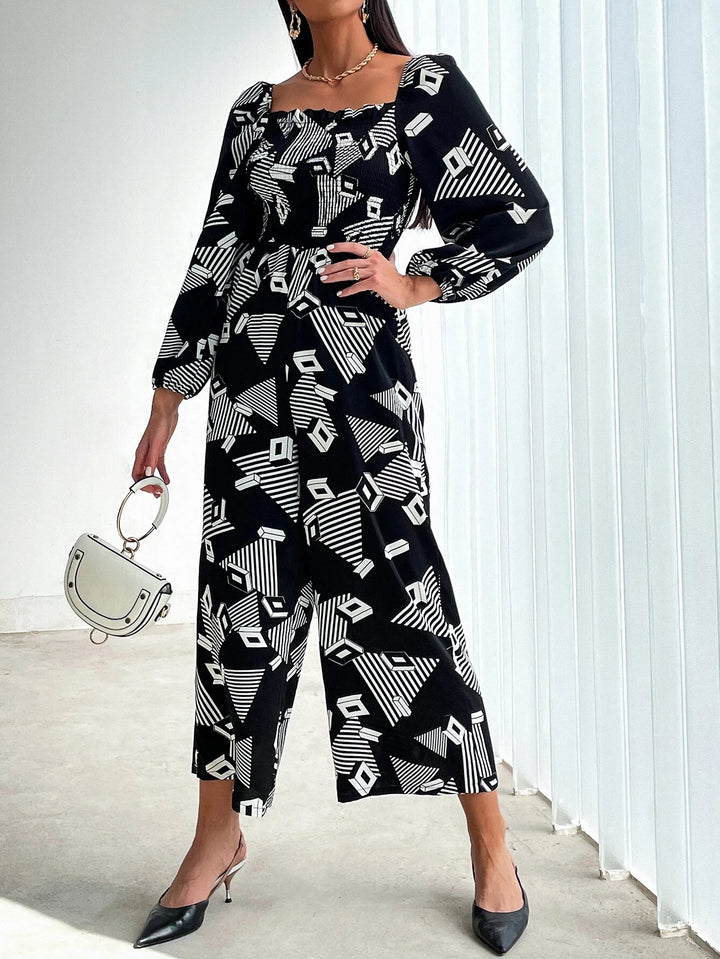 Geo Print Lantern Sleeve Jumpsuit