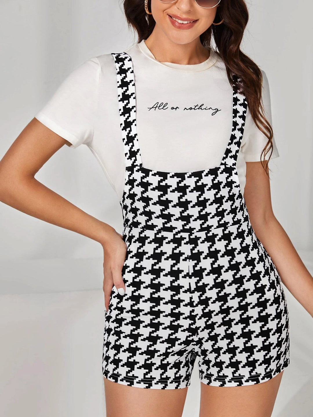 Houndstooth Print Romper Without Tee