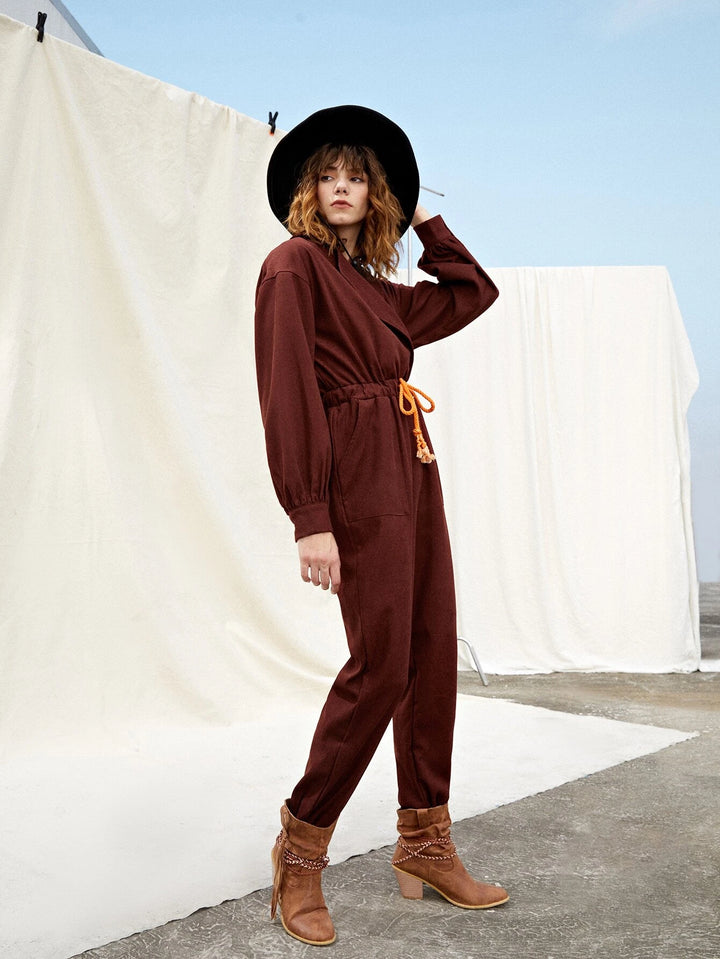 Drop Shoulder Drawstring Waist Jumpsuit