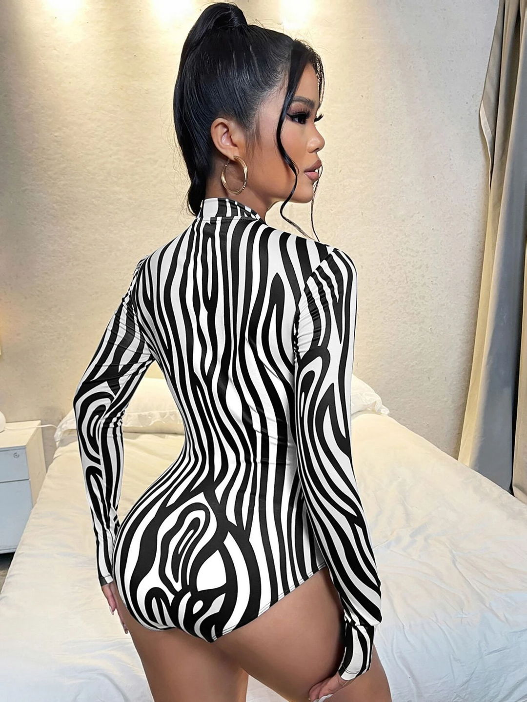Zebra Zipper Front Striped Tee Bodysuit