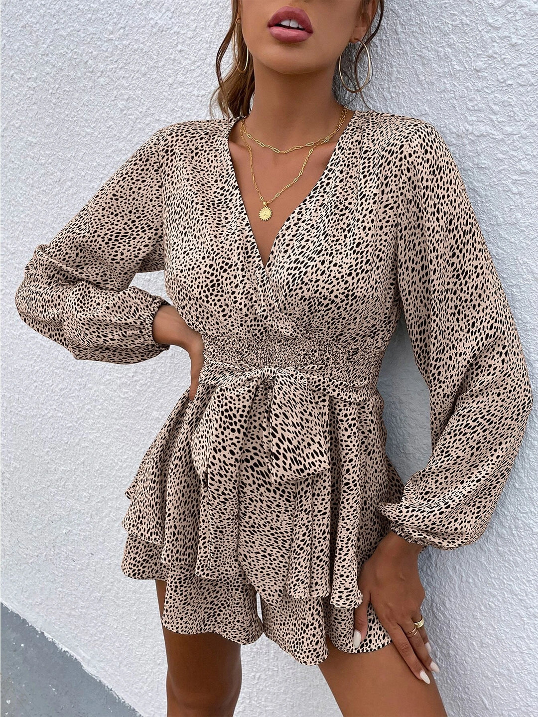 Print Lantern Sleeve Layered Hem Belted Romper