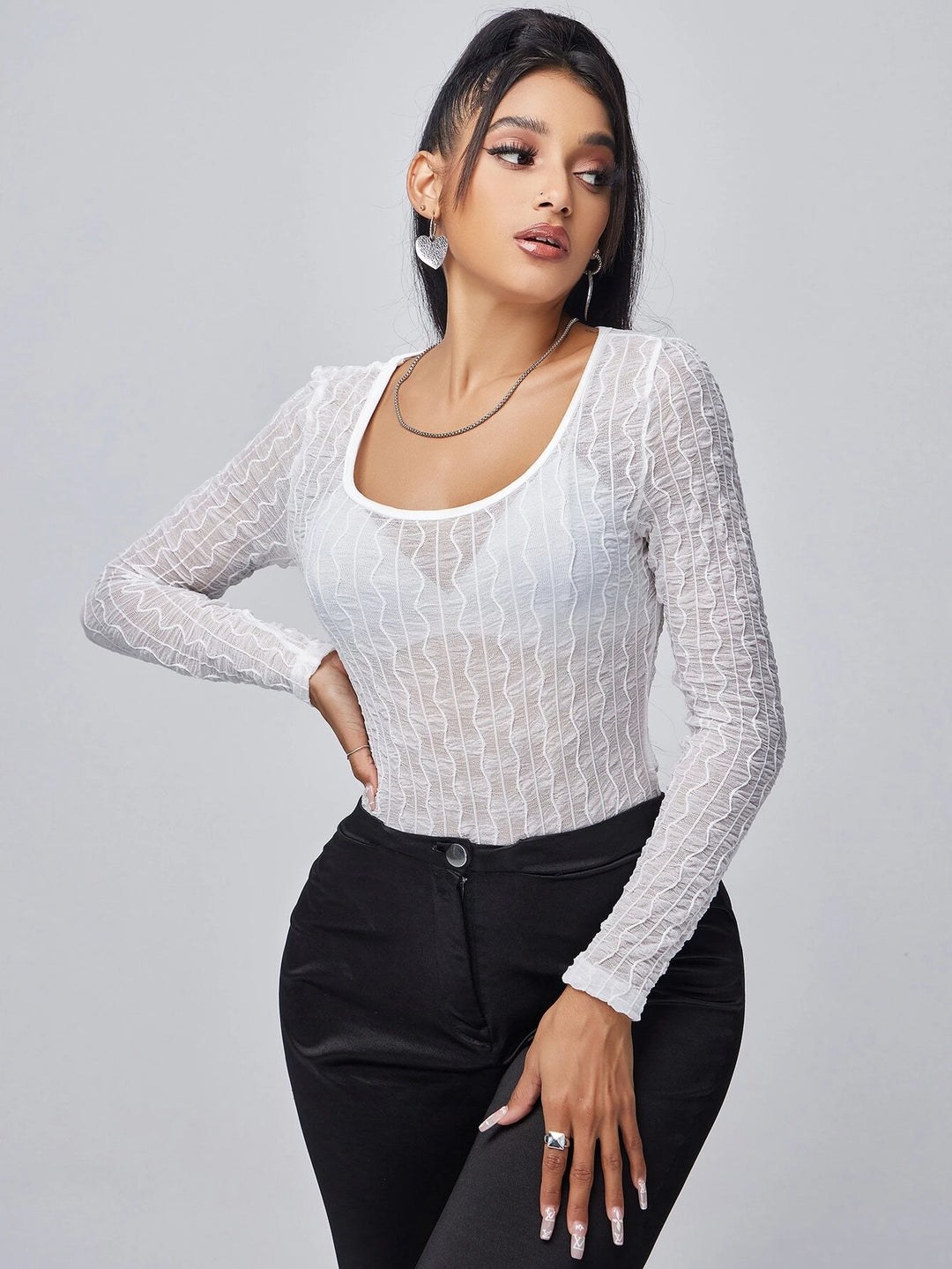 Scoop Neck Textured Knit Sheer Bodysuit