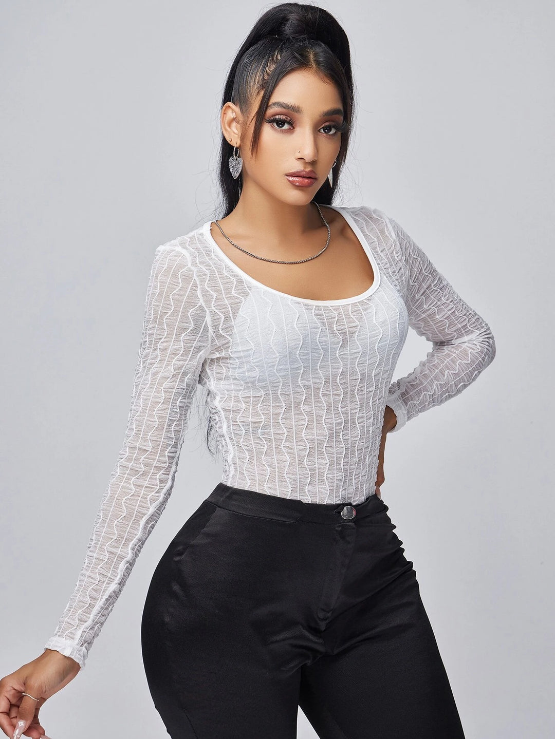 Scoop Neck Textured Knit Sheer Bodysuit