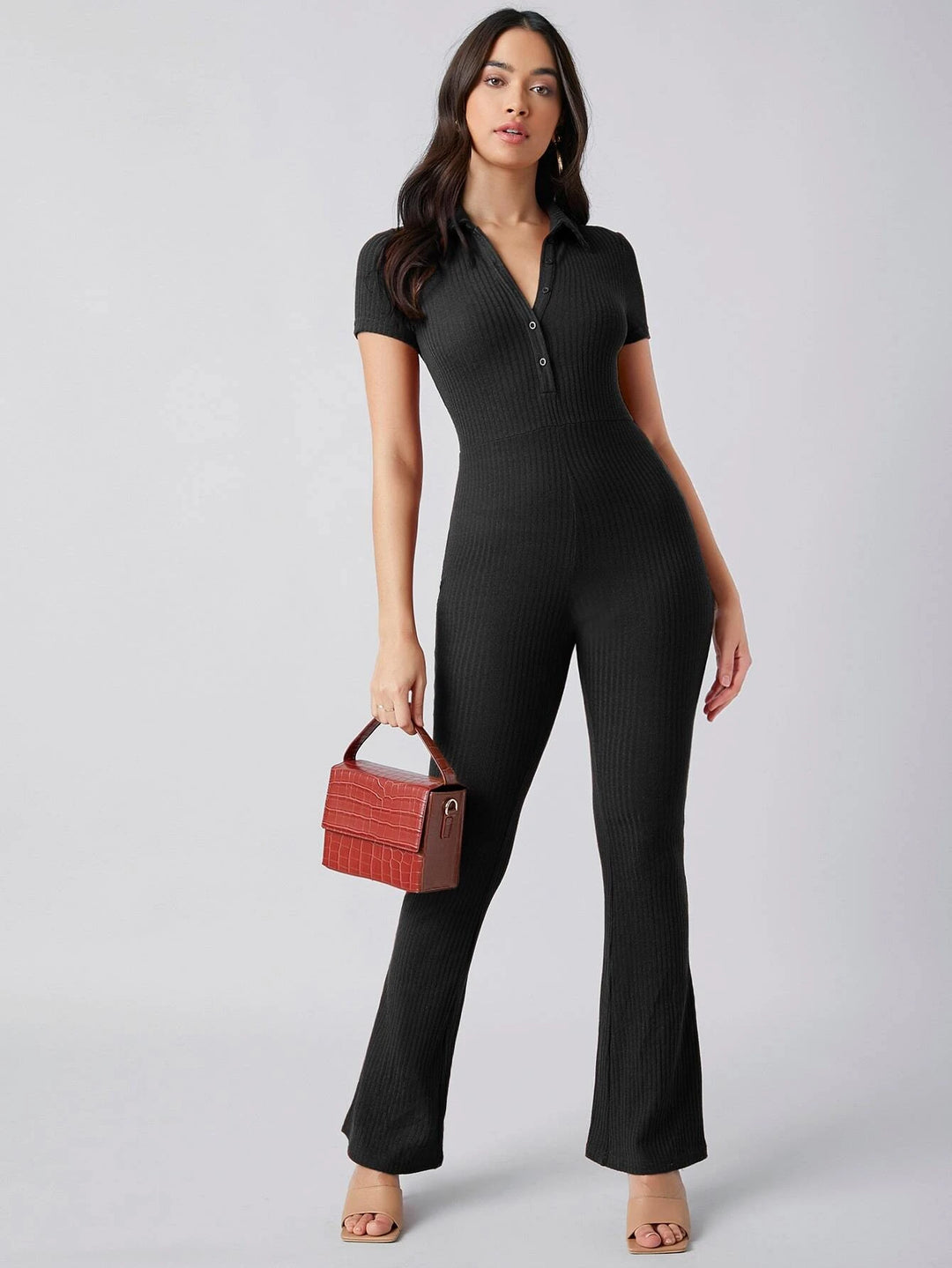 Button Front Rib-knit Solid Jumpsuit