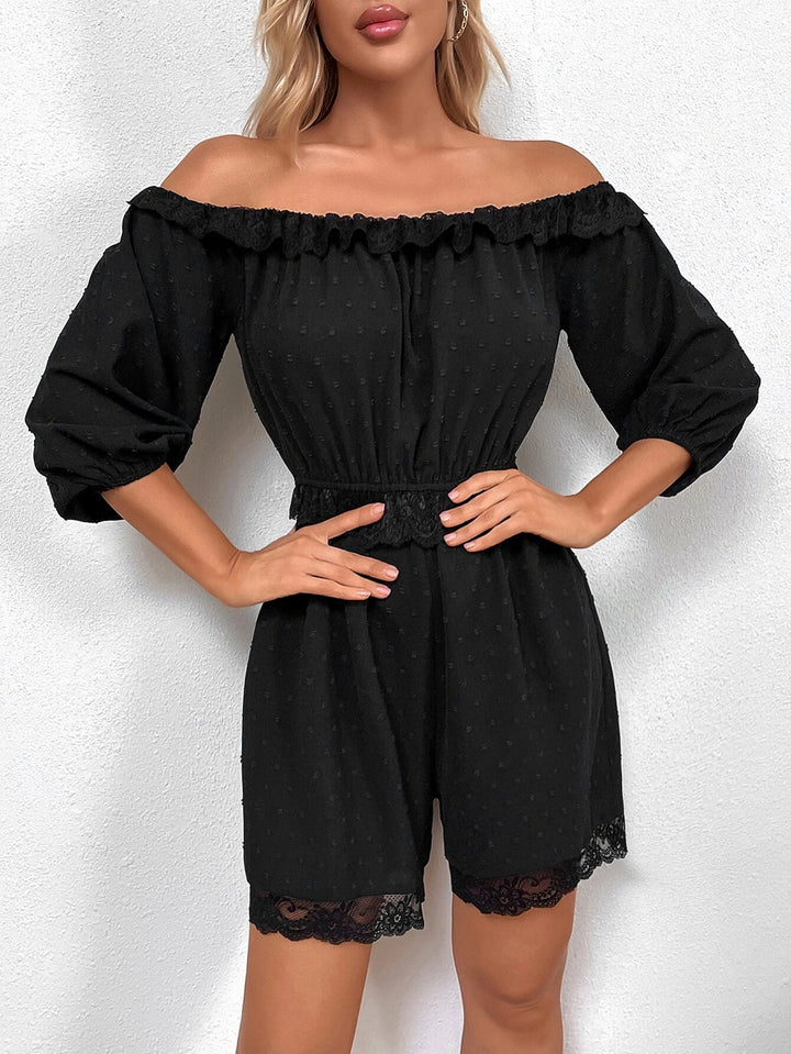 Off Shoulder Lettuce Trim Contrast Lace Jumpsuit