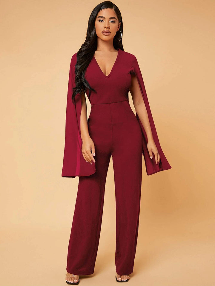 Deep V Neck Split Sleeve Jumpsuit