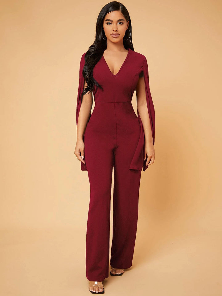 Deep V Neck Split Sleeve Jumpsuit